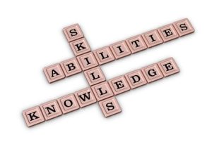 Words associated with skills using Scrabble tiles.